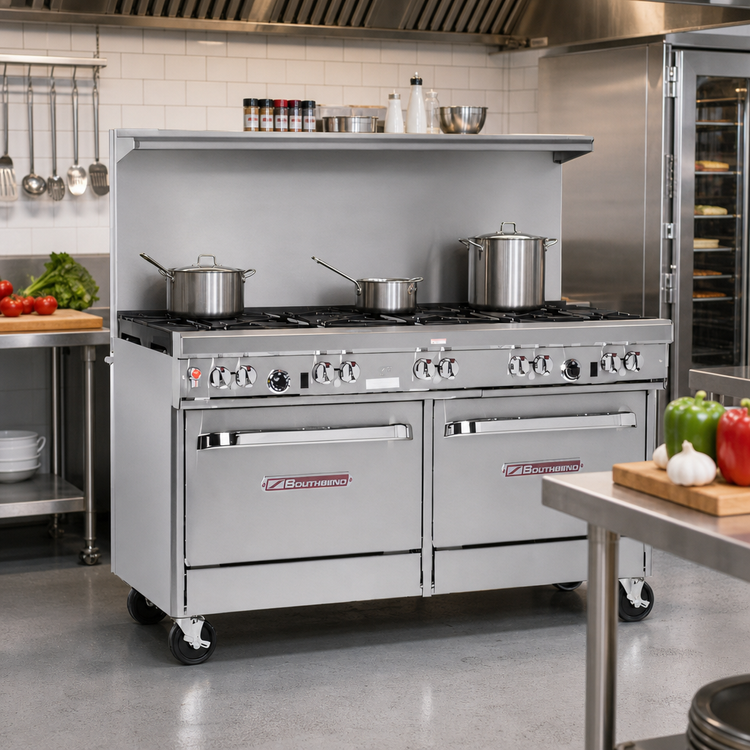 Product image #2 for Southbend Ultimate 60-Inch Commercial Gas Range with 9 Open Burners, 2 Cabinets, and Backriser Shelf