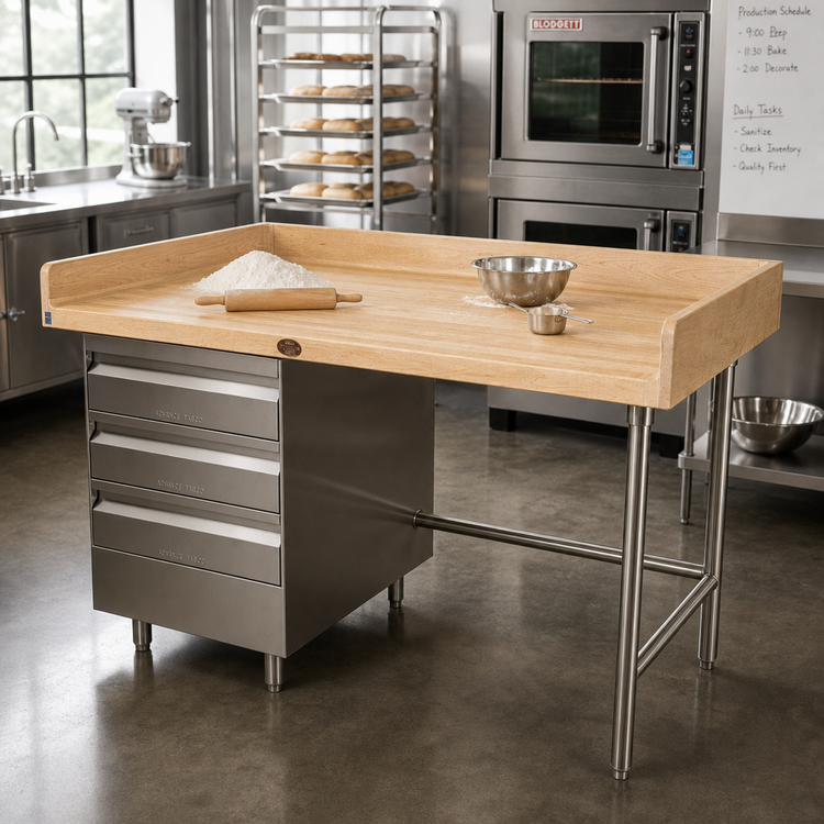 Product image #2 for Advance Tabco 48-Inch x 30-Inch Bakers' Table with Wood Top and 3-Tier Left Drawers