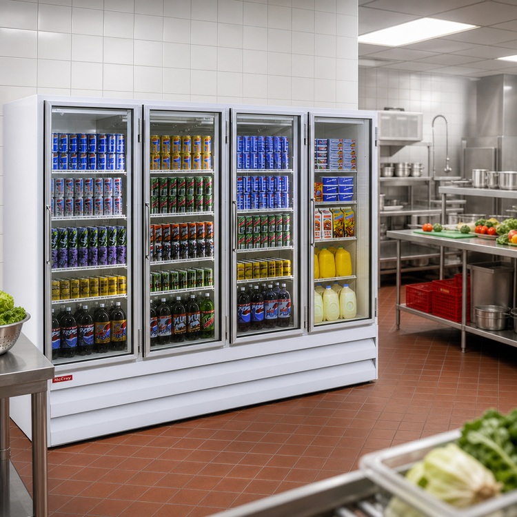 Product image #2 for Howard-McCray 102 Cu. Ft. Four-Section Glass Door Merchandiser Refrigerator, Bottom Mount, 4 Hinged Doors
