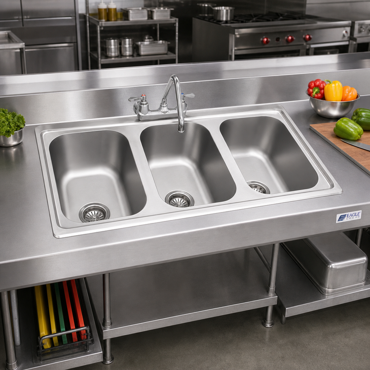 Product image #2 for Eagle Group Self-Rimming 3-Compartment Drop-In Sink with 16 x 20 x 8 Inch Bowls, Faucet and Basket Drains