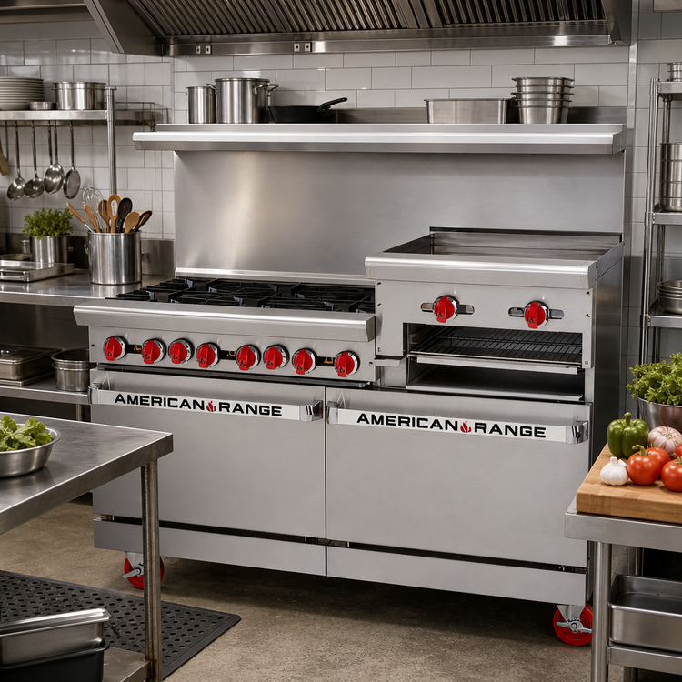 Product image #2 for American Range 48-Inch Commercial Gas Range with 4 Open Burners, 24-Inch Raised Griddle/Broiler, Left Standard Oven, and Right Storage Base