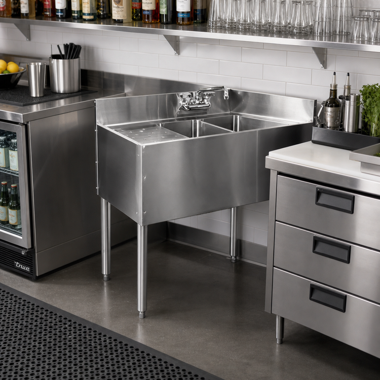 Product image #2 for CHOICE Two-Compartment Underbar Sink Unit with 4" Backsplash, 24"W x 24"D Overall, Stainless Steel