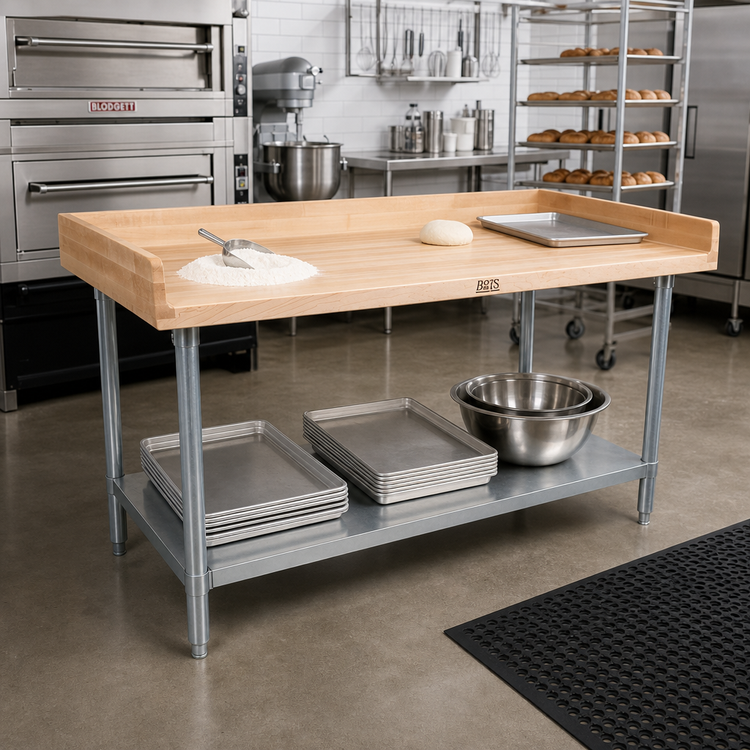 Product image #2 for John Boos DNS02 60 Inch x 24 Inch Baker's Top Wood Work Table with Galvanized Base and Adjustable Undershelf