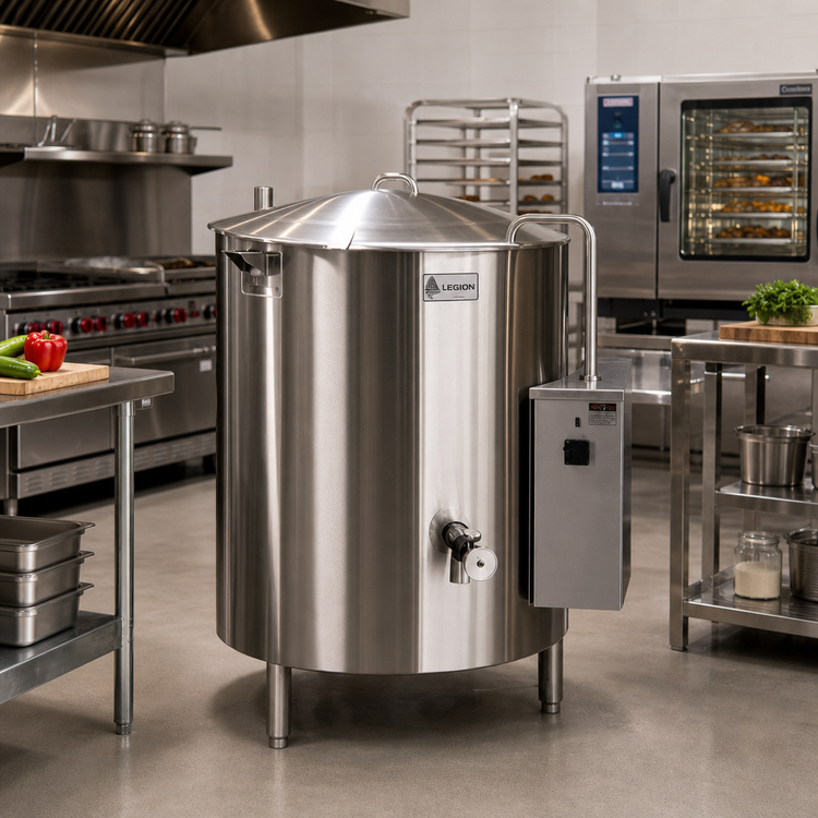 Product image #2 for Legion HEC-40 40-Gallon High-Output Electric Stationary Self-Contained Steam Kettle, 2/3 Jacketed