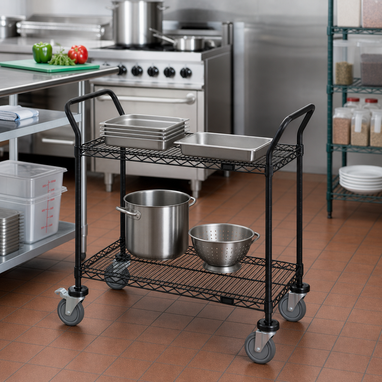 Product image #2 for Quantum 48-Inch x 18-Inch Black Epoxy Wire Utility Cart with 2 Shelves