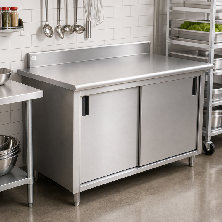 Product image #2 for Advance Tabco Special Value Enclosed Work Table with Cabinet Base, Mid-Shelf, Sliding Doors, and 5-Inch Backsplash, 96 x 24 Inches
