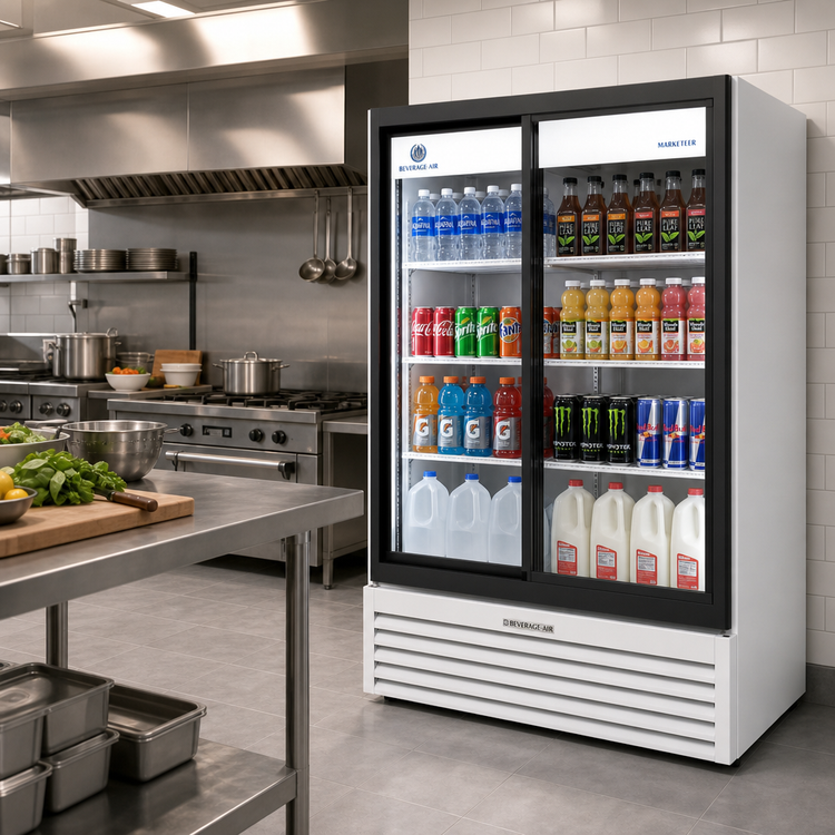 Product image #2 for Beverage-Air Marketeer Two-Section Reach-In Sliding Glass Door Refrigerated Merchandiser, 41.66 Cu. Ft., White