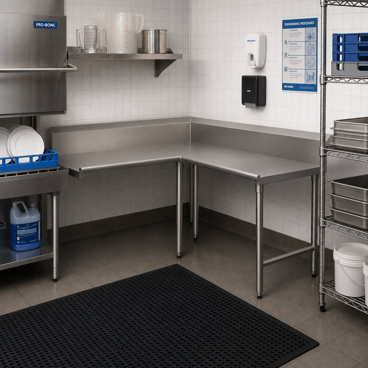 Product image #2 for Pro-Bowl L-Shaped Clean Corner Dishtable, 60" Machine-To-Corner x 72" Corner-To-End, Left-To-Right, 16 Gauge 300 Series Stainless Steel