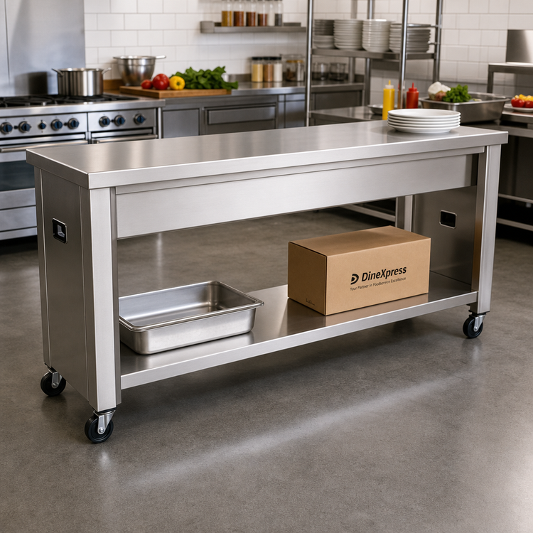 Product image #2 for DineXpress Mobile Slim-Line Solid Top Serving Counter / Utility Station, 72 x 19 x 36 Inches, Open Stainless Steel Base