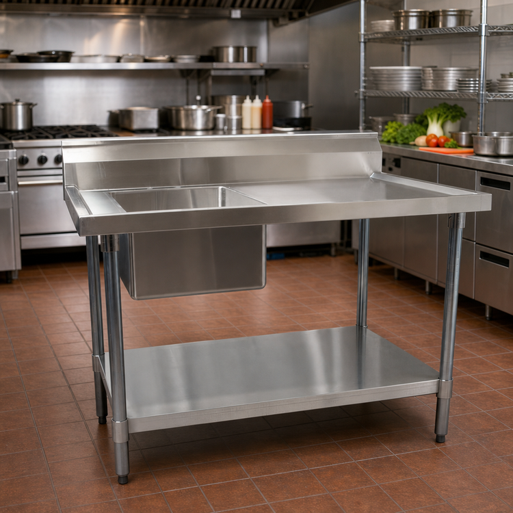 Product image #2 for BK Resources 48" x 30" Left-Hand Prep Sink Work Table with 304 Stainless Steel Top and 6" Backsplash