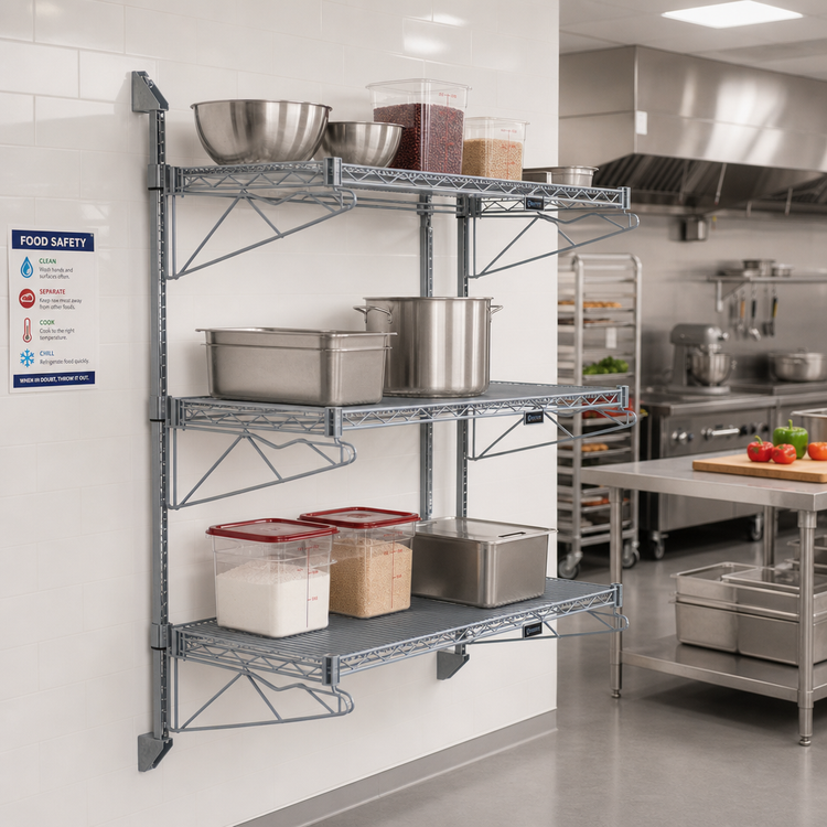 Product image #2 for Quantum Wall-Mounted Cantilever Starter Shelf Unit with 54-Inch Posts, Gray Epoxy Antimicrobial Finish