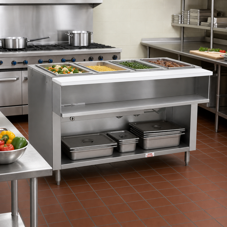 Product image #2 for Advance Tabco Triumph Supreme 4-Well Water Bath Hot Food Table, Natural Gas, Stainless Steel with Open Undershelf