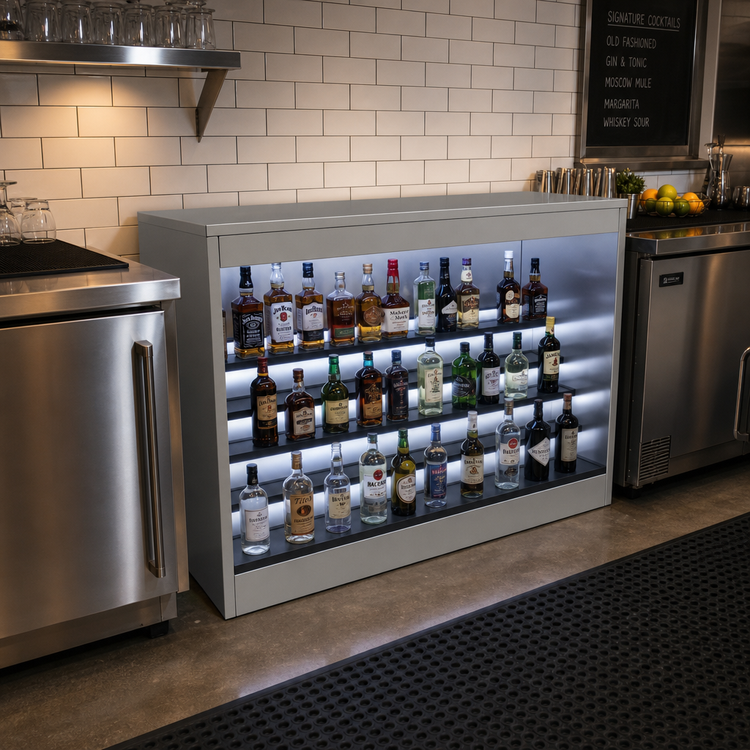 Product image #2 for Glastender 48-Inch Open Front Back Bar Liquor Display Cabinet with 3 Steps and LED Lighting