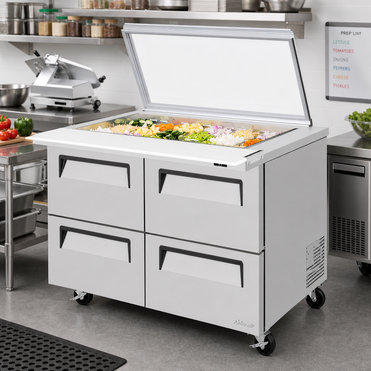 Product image #2 for Turbo Air Super Deluxe 48-1/4-Inch Two-Section Refrigerated Mega Top Sandwich/Salad Prep Table with Glass Lid and 4 Drawers