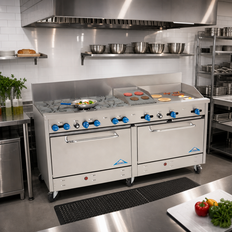 Product image #2 for Comstock-Castle 72 Inch Commercial Gas Range with 6 Open Burners, 18 Inch Griddle, 18 Inch Char-Broiler, and 2 Extra-Wide Ovens