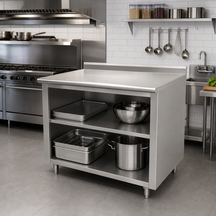 Product image #2 for Advance Tabco 72" x 30" Open Front Cabinet Base Work Table with 14 Gauge 304 Stainless Steel Top and Mid-Shelf
