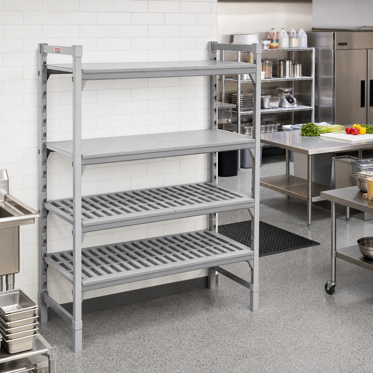Product image #3 for Cambro Camshelving Premium 24 Inch x 72 Inch 5-Shelf Vented and Solid Shelf Kit, Speckled Gray