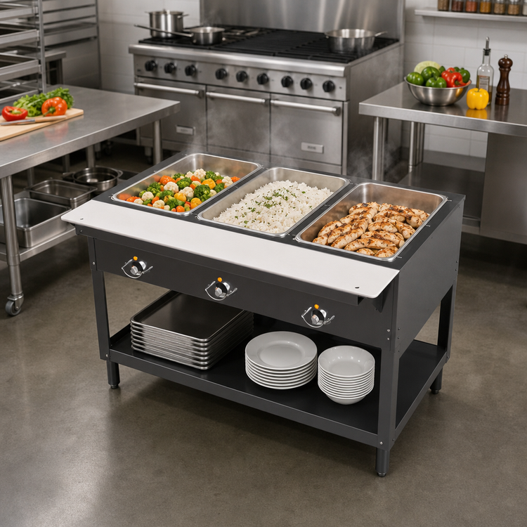 Product image #3 for BK Resources ST-3 3-Pan Electric Open Well Steam Table with Open Shelf Base and Cutting Board Shelf