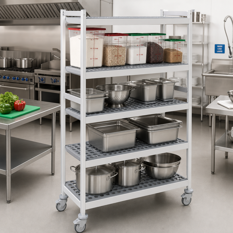 Product image #2 for Fermostock 4-Tier Mobile Perforated Polymer Shelving Unit, 31"W x 22"D x 71"H