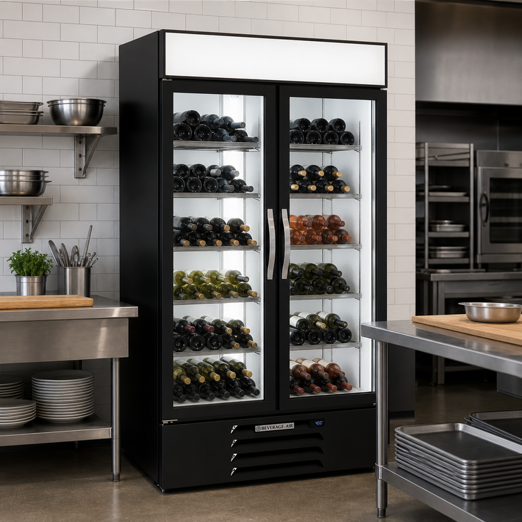 Product image #2 for Beverage-Air MarketMax™ Two-Section Reach-In Wine Merchandiser, Bottom-Mount Refrigeration, Hinged Glass Doors, 40.2 Cu. Ft., Black Exterior