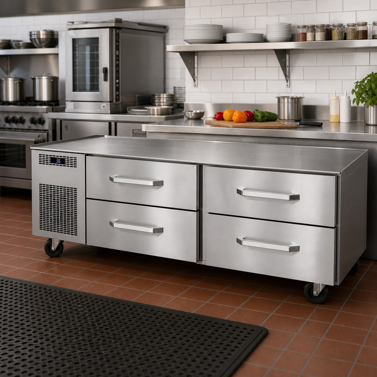Product image #2 for Randell 105-Inch Three-Section Self-Contained Refrigerated Chef Base Equipment Stand with 6 Drawers, Left-Side Compressor