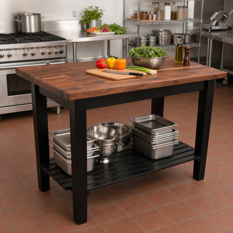 Product image #3 for John Boos 48 x 36-Inch American Black Walnut Wood Top Work Table with Painted Base, Slatted Undershelf and Tapered Legs