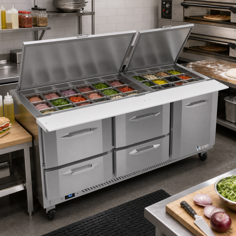 Product image #3 for Victory UltraSpec V-Core 72-Inch Three-Section Sandwich Prep Table with 30 1/6-Size Pan Top, 1 Door, and 4 Drawers