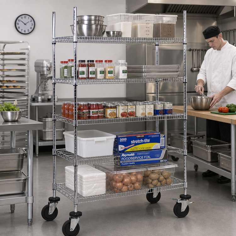 Product image #2 for Quantum Mobile Reel Shelving Cart with 6 Wire Shelves, 36W x 18D x 69H, Chrome Plated