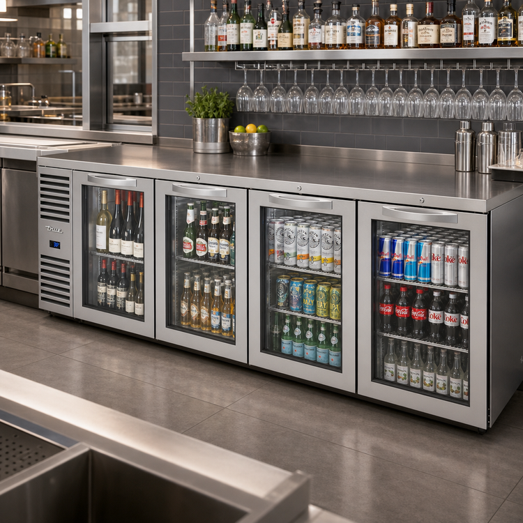 Product image #2 for True Premier Bar 108-Inch Four-Section Refrigerated Back Bar Cooler with Stainless Steel Top and Locking Glass Doors