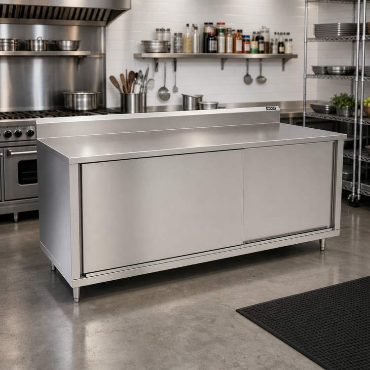 Product image #2 for John Boos 84" x 24" Cabinet Base Work Table with Sliding Doors and 5" Backsplash