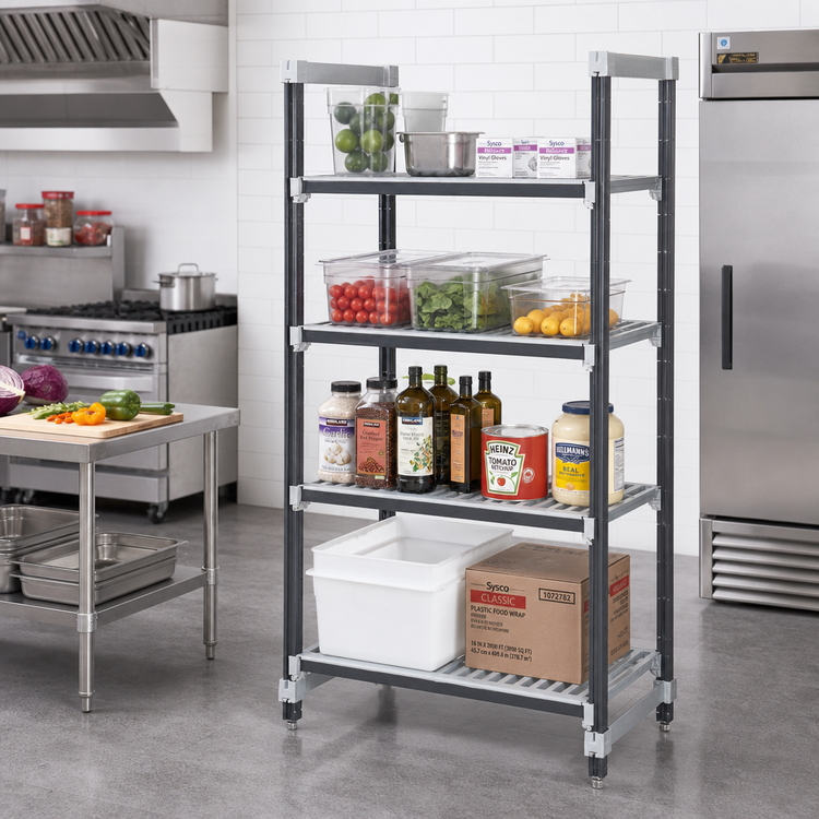 Product image #2 for Cambro Camshelving Elements XTRA 4-Tier Stationary Starter Polymer Shelving Unit, 21 x 36 x 64 Inches, Vented, Speckled Gray