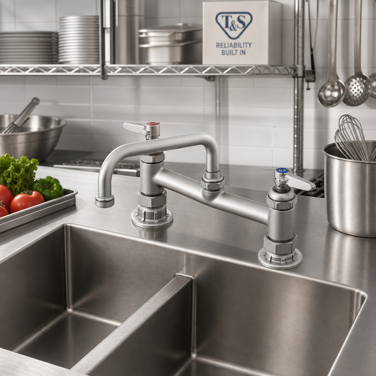 Product image #2 for T&S Brass Double Pantry Deck-Mount Mixing Faucet with 8-Inch Swing Nozzle and Lever Handles