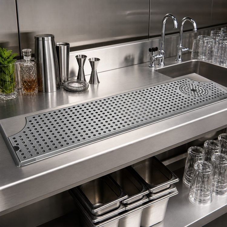 Product image #2 for 34-Inch Surface-Mount Stainless Steel Drip Tray Trough with Integral Glass Rinser