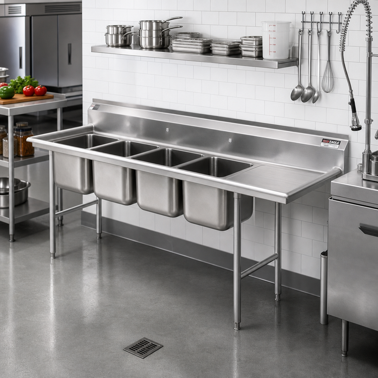 Product image #2 for Eagle Group 414 Series Coved Corner Four-Compartment Sink with Right-Hand 24-Inch Drainboard