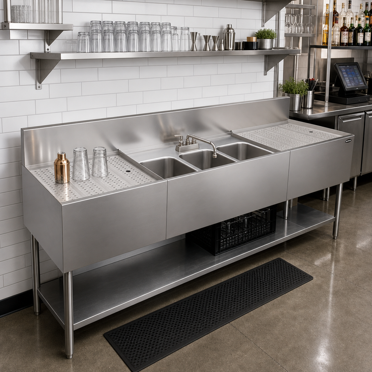 Product image #2 for Krowne Royal Series 84-Inch Three-Compartment Underbar Bar Sink with Left and Right Drainboards