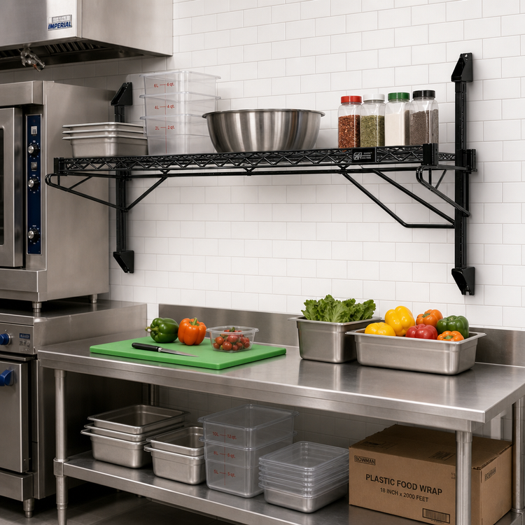 Product image #2 for Quantum Wall-Mount Cantilever Single Shelf Wire Shelving Unit with 42 x 21 Inch Shelf, Black Epoxy Antimicrobial Finish