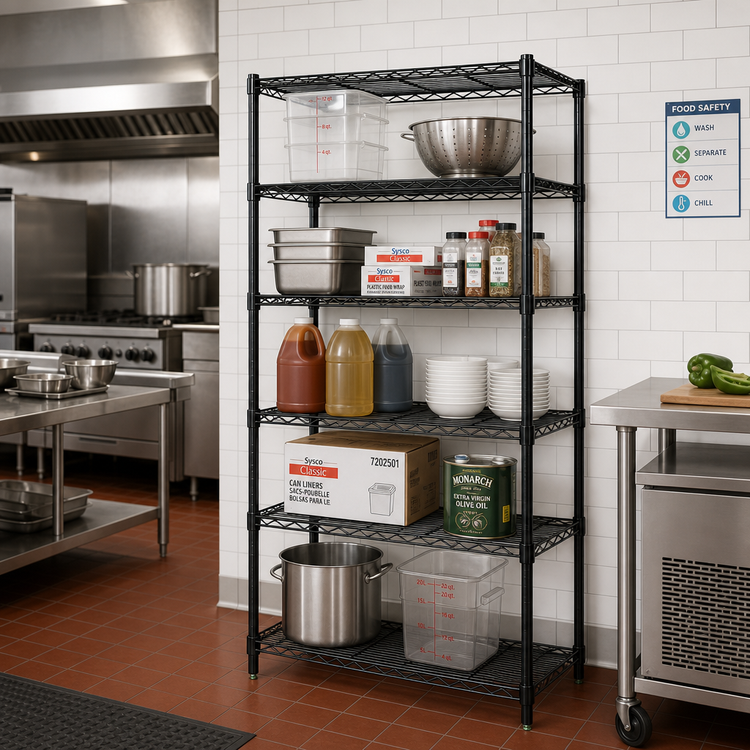Product image #2 for Quantum Wire Shelving Starter Kit, 42 x 30 x 63 Inches, 5 Shelves, Black Epoxy Antimicrobial Finish