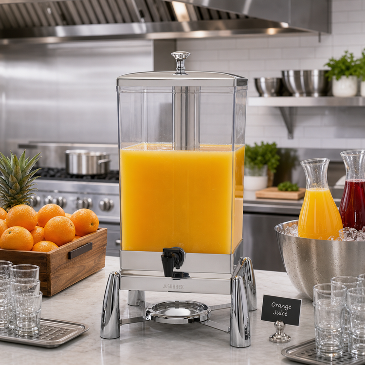 Product image #2 for Evolution Square Single Juice Dispenser, 12 Qt., Polycarbonate Body with Stainless Steel Legs, Lid & Frame