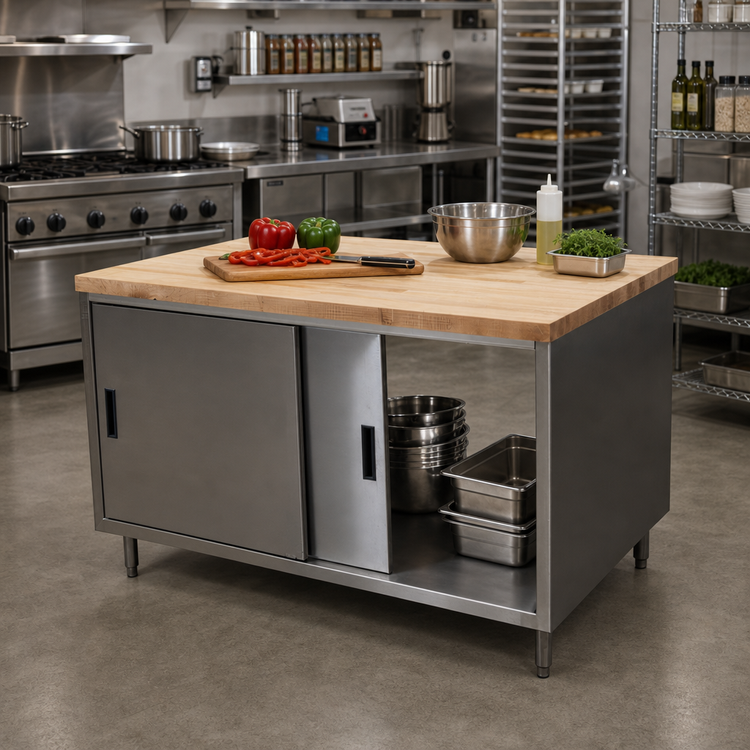 Product image #2 for BK Resources Dual Access Chef Table with Hard Maple Top and Stainless Steel Cabinet Base, 48 x 36 Inches
