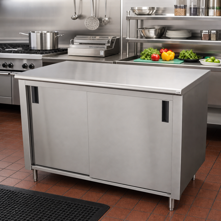 Product image #2 for Advance Tabco 60 Inch x 36 Inch Enclosed Work Table with Cabinet Base, Mid-Shelf, Sliding Doors, and 14-Gauge 304 Stainless Steel Flat Top
