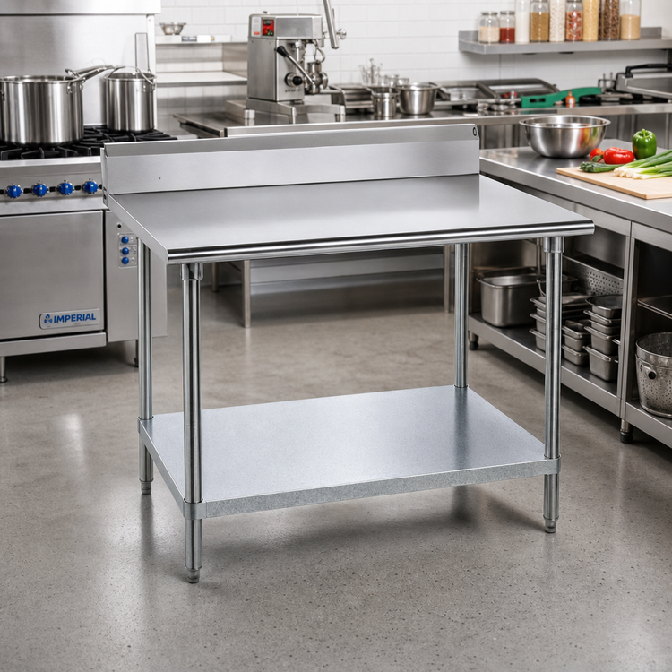 Product image #2 for Advance Tabco 30 x 30 Inch Stainless Steel Work Table with 5 Inch Backsplash, Galvanized Undershelf and Legs