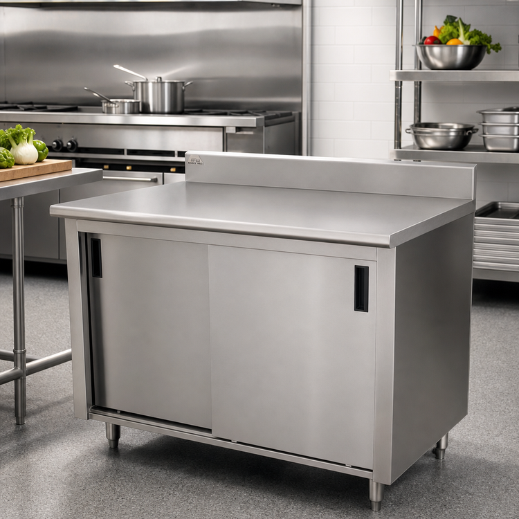 Product image #2 for Advance Tabco Special Value Series Enclosed Work Table with Cabinet Base, Sliding Doors, Mid-Shelf, 16-Gauge 304 Stainless Steel Top, and 5-Inch Backsplash, 48 x 30 Inches