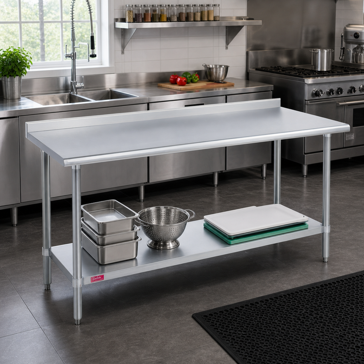 Product image #2 for Duke 72" x 24" 16-Gauge 400 Series Stainless Steel Work Table with 1-1/8" Straight Riser and Galvanized Undershelf