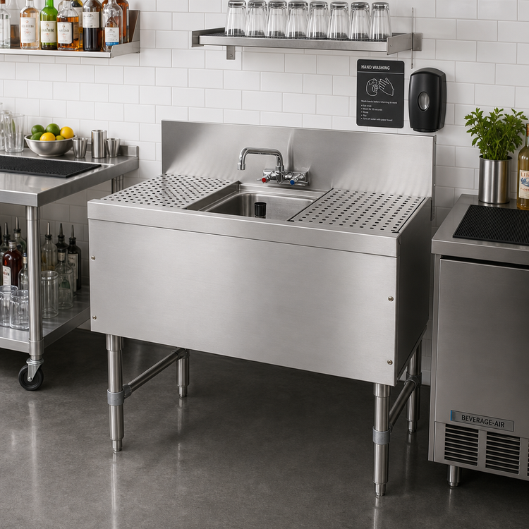 Product image #2 for Advance Tabco Prestige 1-Compartment Underbar Sink Unit with Dual Drainboards and 6-Inch Swing-Spout Faucet, 36W x 20D x 36H