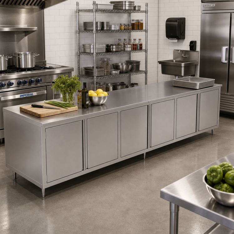 Product image #2 for John Boos Enclosed Stainless Steel Work Table with Cabinet Base, 132W x 30D, 14-Gauge Flat Top