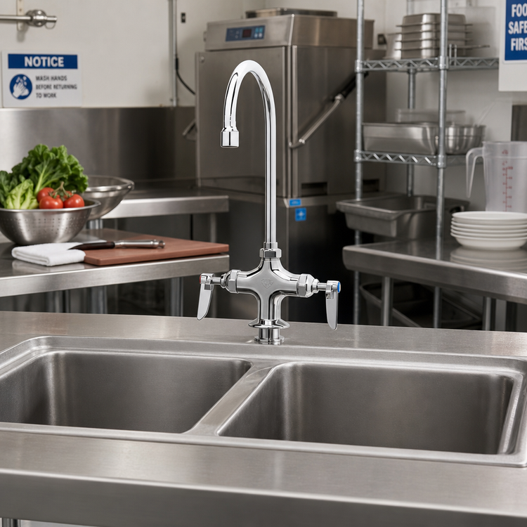 Product image #2 for T&S Brass Double Pantry Deck-Mount Mixing Faucet with 5 3/4" Swivel Gooseneck and 2.2 GPM Aerator