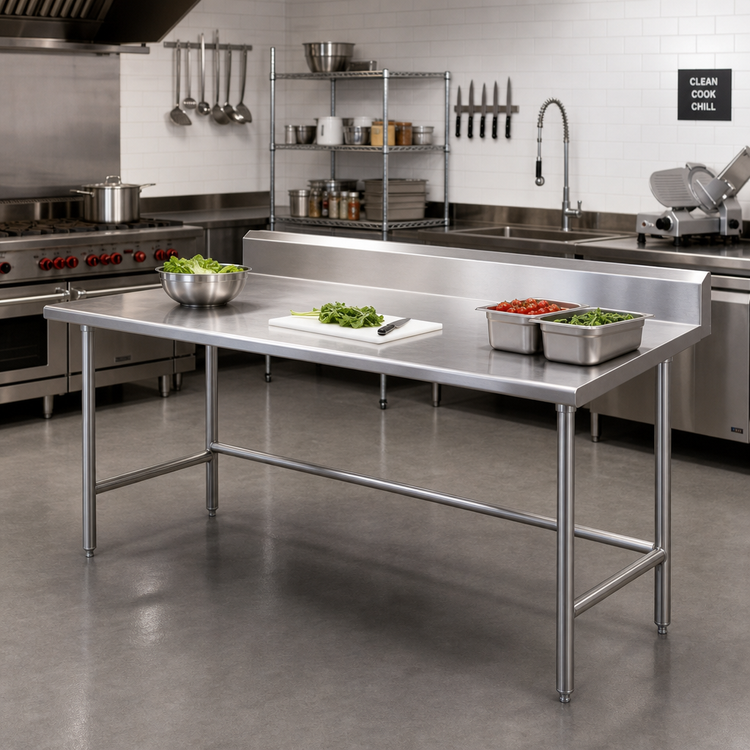 Product image #2 for Advance Tabco 108-Inch x 36-Inch 14-Gauge 304 Stainless Steel Work Table with 5-Inch Backsplash