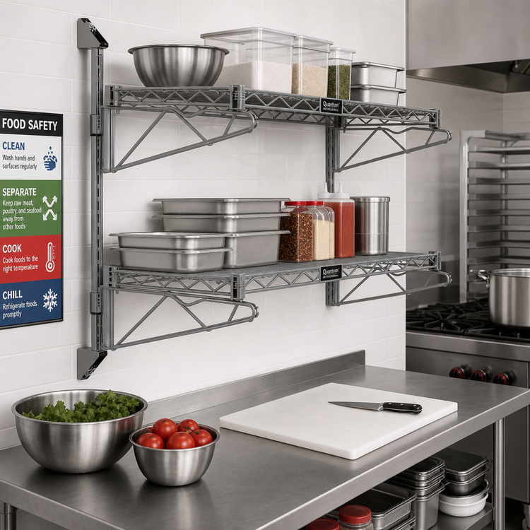 Product image #2 for Quantum Wall-Mount Cantilever Double Shelf Wire Shelving Unit, 72 x 14 Inches, Gray Epoxy Antimicrobial Finish