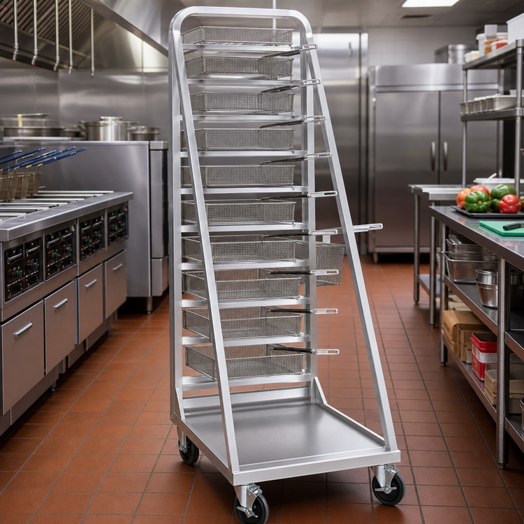 Product image #2 for Channel Aluminum Mobile Fry Basket Rack, 18-Basket Capacity