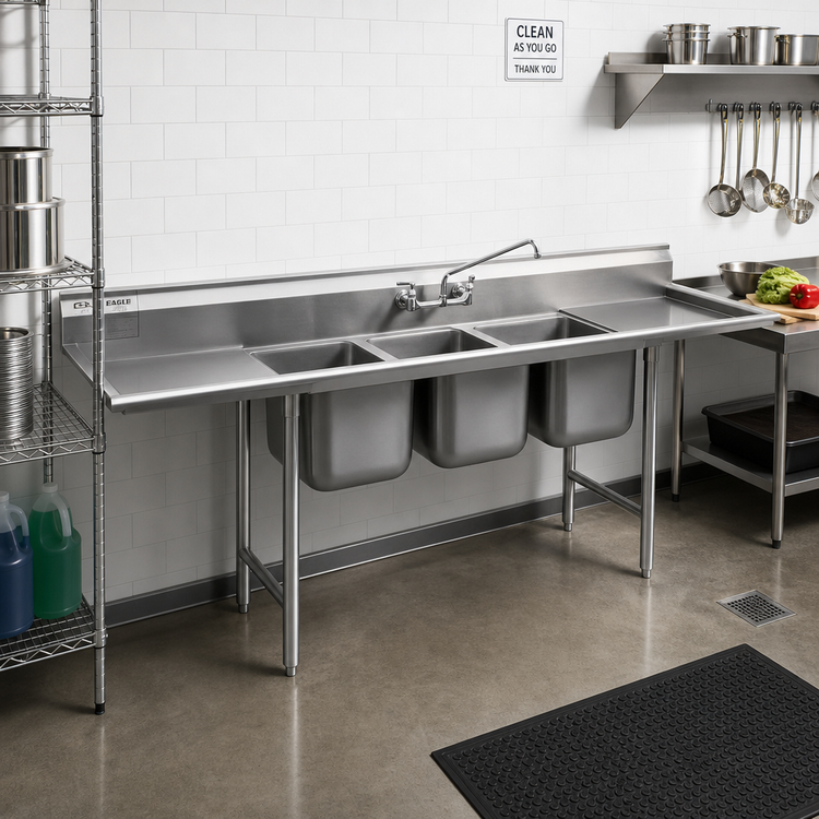 Product image #2 for Eagle Group 3-Compartment 304 Stainless Steel Sink with Right-Hand Drainboard, 80-3/8-Inch Wide